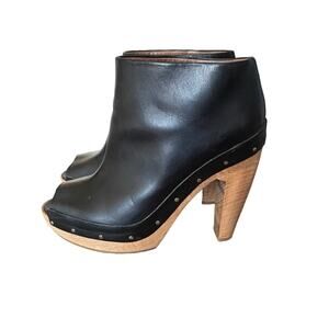 Marni Black Leather Studded Peep Toe Wooden Heel Platform Shoes size 37 US 7